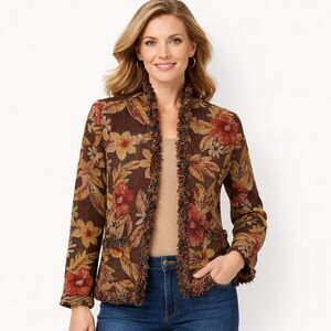 Chico’s Tapestry Tweed Jacket Size 0 Size 4 Floral Fringe Y2K